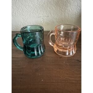 Vtg Federal Blue Green Pink Glass Mini Beer Mug Jigger Shot Glass Set of 2